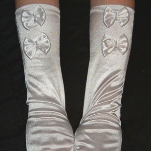 White Stretch Satin Wedding Gloves w/Pearls & Bows